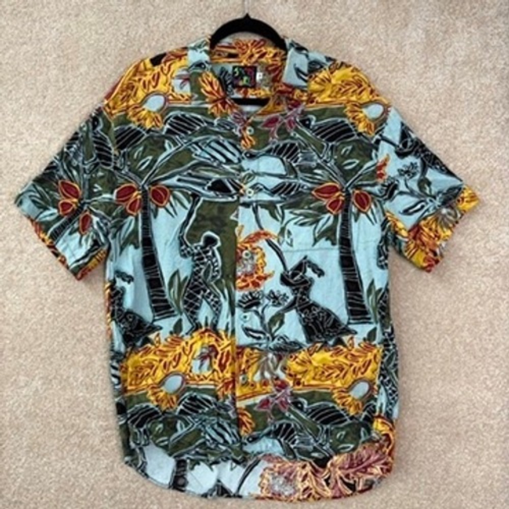 VINTAGE JAMS WORLD Button Down Shirt Mens Medium Blue Abstract Tribal Hawaiian